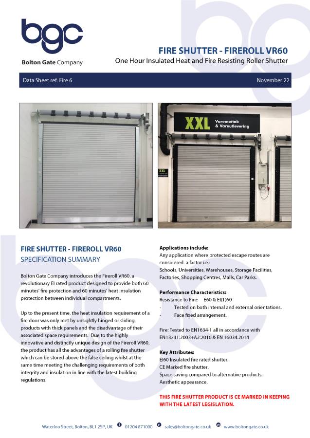 Fireroll  VR60 Insulated Rolling Fire Shutters Brochure