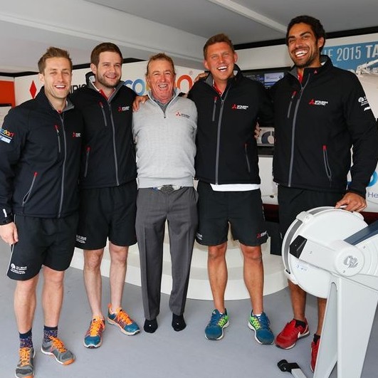 Spain's Miguel Angel Jiménez visits Mitsubishi Electric stand within the tented village at the four-day event