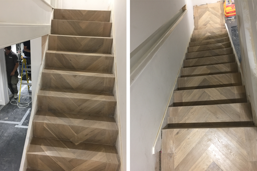 Cladding Stairs In Engineered Herringbone Parquet Flooring
